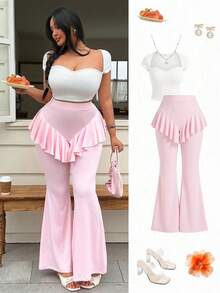 Celure Plus Size Ruffle Waist Solid Color Flare Leg Long Pants - Baby Pink - View 1