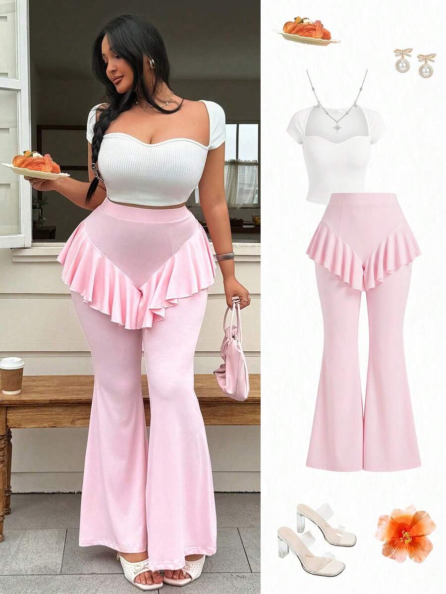 Celure Plus Size Ruffle Waist Solid Color Flare Leg Long Pants - Baby Pink - View 1