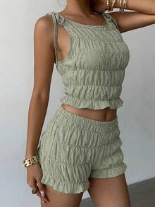 Aloruh Women's Plaid Tie Shoulder Sleeveless Top And Shorts 2 Pieces Set - Green - View 3