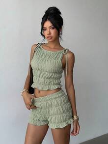 Aloruh Women's Plaid Tie Shoulder Sleeveless Top And Shorts 2 Pieces Set - Green - View 4