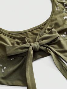 ROMWE Top corto con recortes, nudo delantero y detalles de lentejuelas sexy estilo Y2K para mujeres - Verde - Ver 12