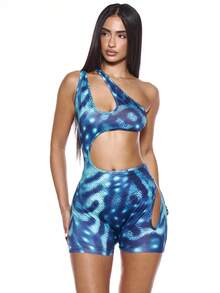 MUSERA Bộ jumpsuit ngắn in họa tiết cắt xẻ, thiết kế bất đối xứng, gợi cảm, thích hợp cho mùa hè, mùa xuân, lễ hội, kỳ nghỉ, tiệc tùng, đi chơi. - Màu xanh lam - Xem 1