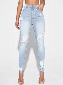 Selenza Casual Washed Ripped Slim Fit Skinny Jeans - Blue - View 6