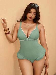 Elaquor 大码女士连体泳衣，适合海滩度假、泳池派对、沙滩派对 - 綠色 - 查看 1