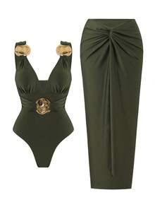 Swim Oasis Women's Solid Color Elegant One-Piece Swimsuit + Long Skirt With Round Golden Decor, Green Summer Holiday Beach Party Resort Dinner Outfits - Army Green - View 3