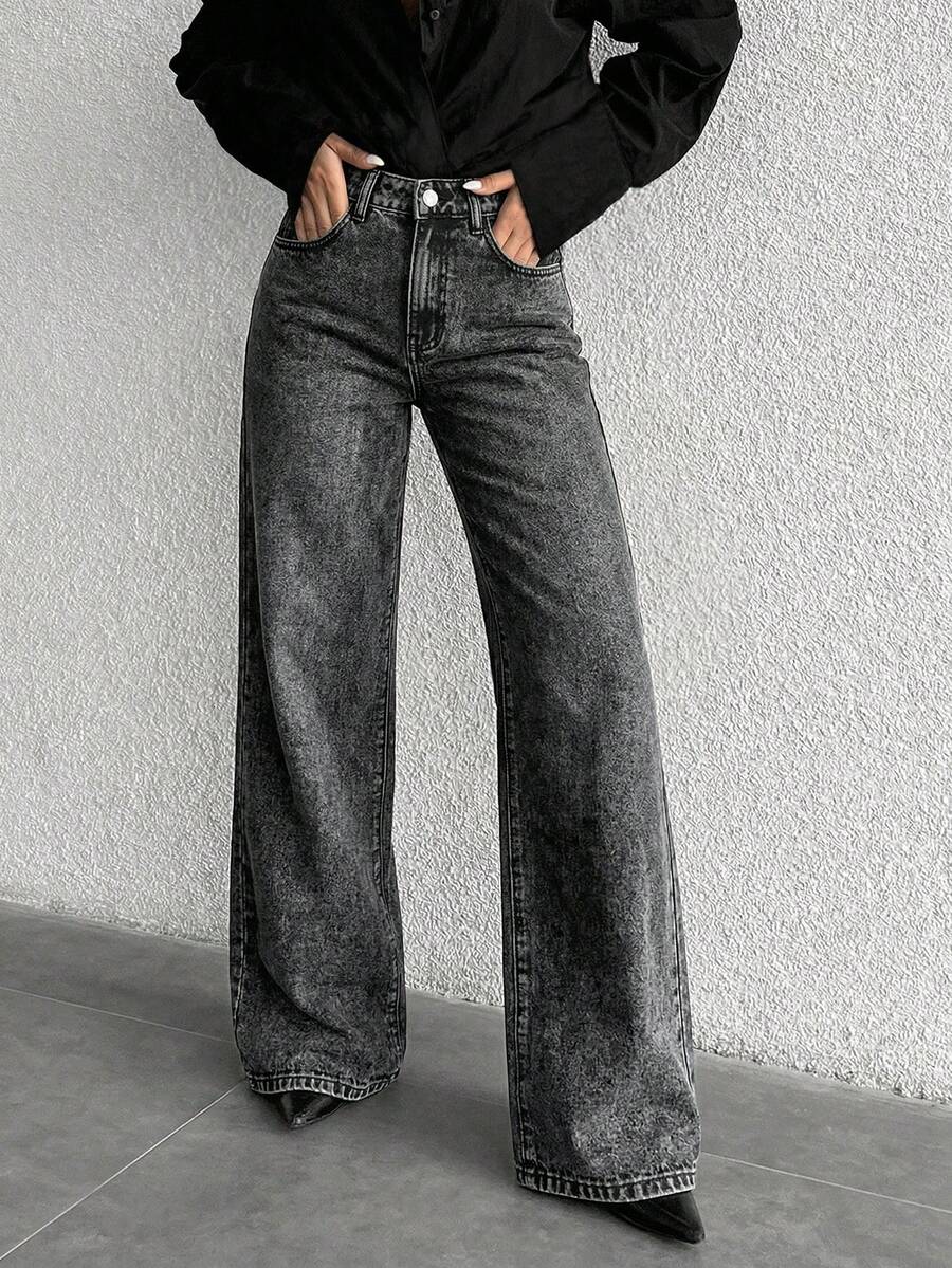 ZIRRA 女士休闲日常通勤时尚街头高腰宽松阔腿牛仔裤 - 灰色 - 查看 1