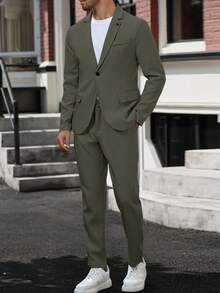 Manfinity Mode Conjunto de traje de negocios para hombres con blazer de manga larga con cuello de solapa y pantalones. Traje verde, blazer verde, traje verde oliva para hombres. Un gran regalo para un novio o esposo. - Verde militar - Ver 5