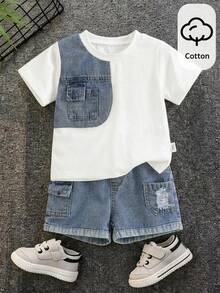 SHEIN 男婴牛仔拼接圆领T恤和牛仔裤两件套，休闲日常穿着 - 彩色 - 查看 1