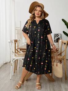 SHEIN CURVE+ 大码女式V领休闲印花度假连衣裙 - 彩色 - 查看 3