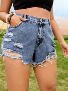 SHEIN EZwear Plus Size Women Summer Casual Daily Commute Fashion Street Ripped Frayed Hem Denim Shorts - Dusty Blue - View 4