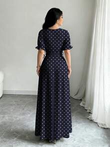 Modelyn 加大码藏蓝色波点印花长款连衣裙，女士时尚圆领短泡泡袖设计，配腰带，优雅夏季长款连衣裙 - 彩色 - 查看 2