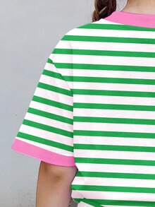 Bộ đồ ngủ ngắn tay và quần short in chữ sọc xanh lá cây và hồng dành cho bé gái tuổi teen, thích hợp cho mùa hè, kiểu dáng retro, phù hợp với bé gái 14-16 tuổi. - trắng - Xem 5
