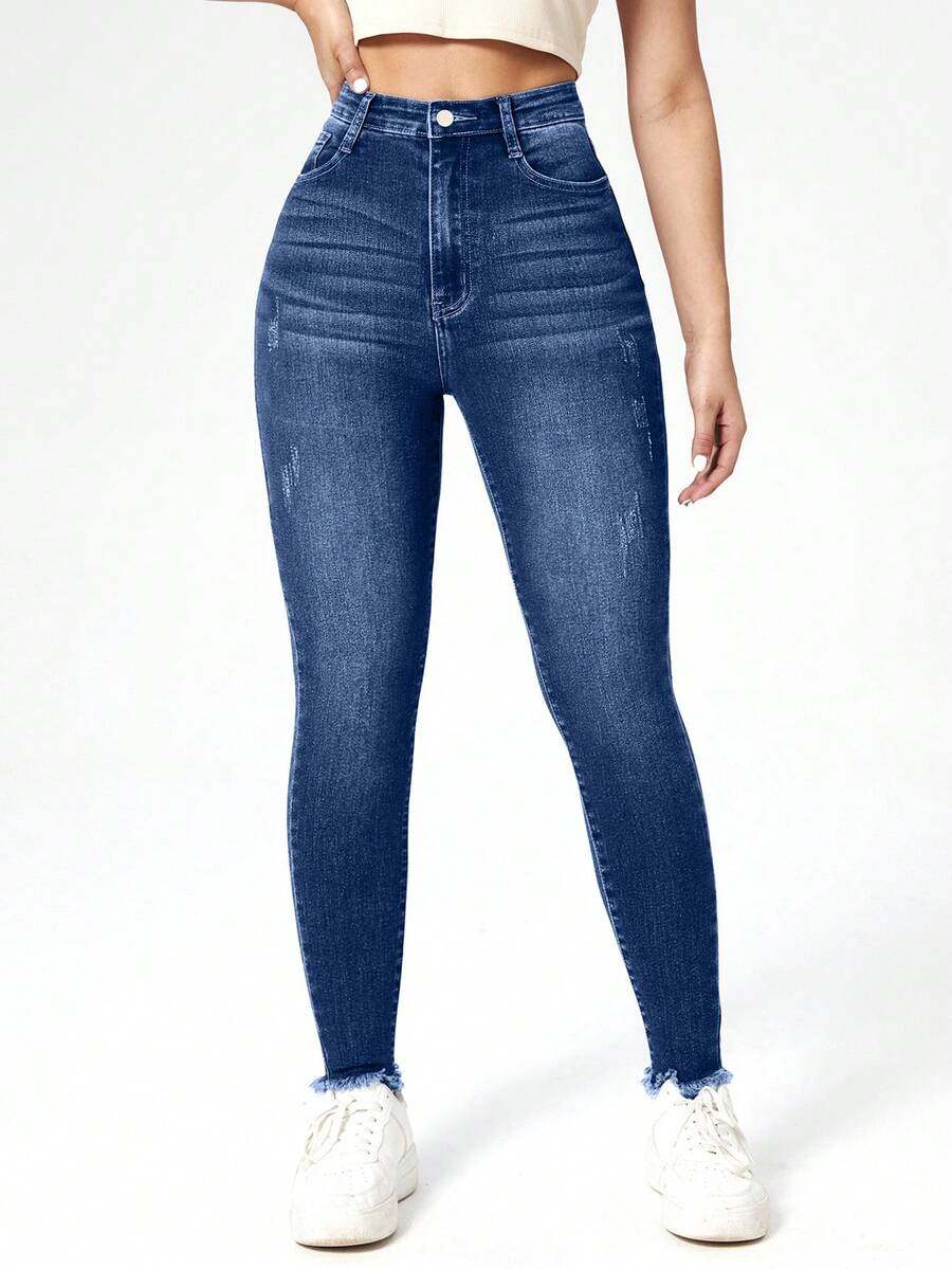 RueChic 高腰破洞毛边紧身牛仔裤 - 藍色 - 查看 1