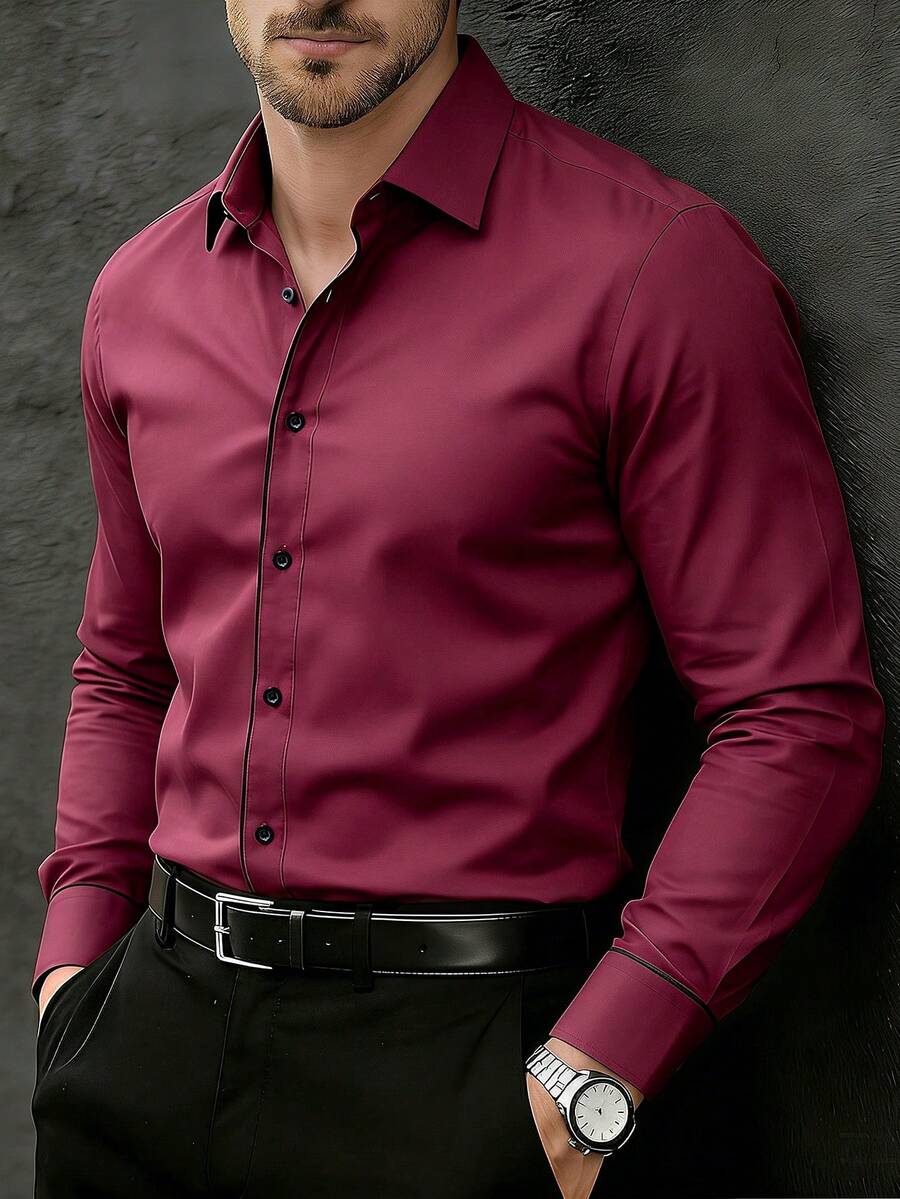 Manfinity Bizformal 男士纯色前开襟休闲长袖衬衫,正式场合适用 - 酒紅色 - 查看 1