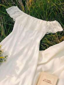 Franclia Đầm satin ren xếp tầng trễ vai thanh lịch, tinh tế kiểu Pháp lãng mạn dành cho nữ, thích hợp cho các buổi đi chơi và hẹn hò mùa xuân/hè. - Màu be - Xem 3