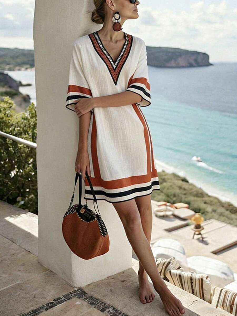 SHEIN Holidaya 女士休闲度假V领彩色黑色条纹短袖杏色条纹褶皱编织中长连衣裙：女士度假连衣裙、杏色连衣裙、条纹连衣裙、休闲连衣裙、女士度假连衣裙、沙滩连衣裙、夏季海岛连衣裙、优雅连衣裙、夏季长裙、夏季连衣裙、条纹沙滩连衣裙