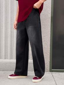 Whitmere Quần jean nam phong cách đô thị thường ngày, denim giặt wash, dáng rộng ống rộng thoải mái, cho mùa xuân hè - màu đen - Xem 5