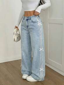 SHEIN PETITE Quần jeans nữ ống rộng cạp thấp phối màu kẻ sọc, kiểu dáng thường ngày, thích hợp cho mùa đông, năm mới, dự tiệc, phong cách đường phố cổ điển. - Rửa nhẹ - Xem 3