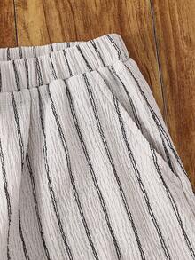 SHEIN 2pcs Young Girl Woven Striped Casual Vest And Shorts Set - Black and White - View 6