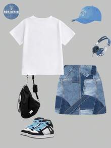 2 pezzi/set Completo casual di moda primavera estate per ragazze, maglietta a maniche corte e gonna, motivo farfalla blu denim dolce e carino, maglietta a maniche corte e scollo tondo, gonna cargo in jeans blu patchwork, comoda maglietta a maniche corte, adatta per primavera ed estate, abbigliamento casual da strada - Multicolore - Visualizzare 4