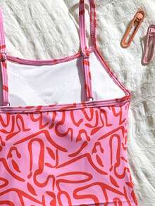 SHEIN Áo tắm tankini in họa tiết toàn thân, viền bèo nhún, dành cho bé gái tuổi teen. - Nhiều màu - Xem 5