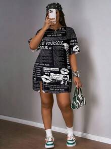 Slaydiva Vintage Poster Print Plus Size Dress, Suitable For Music Festivals - Multicolor - View 1