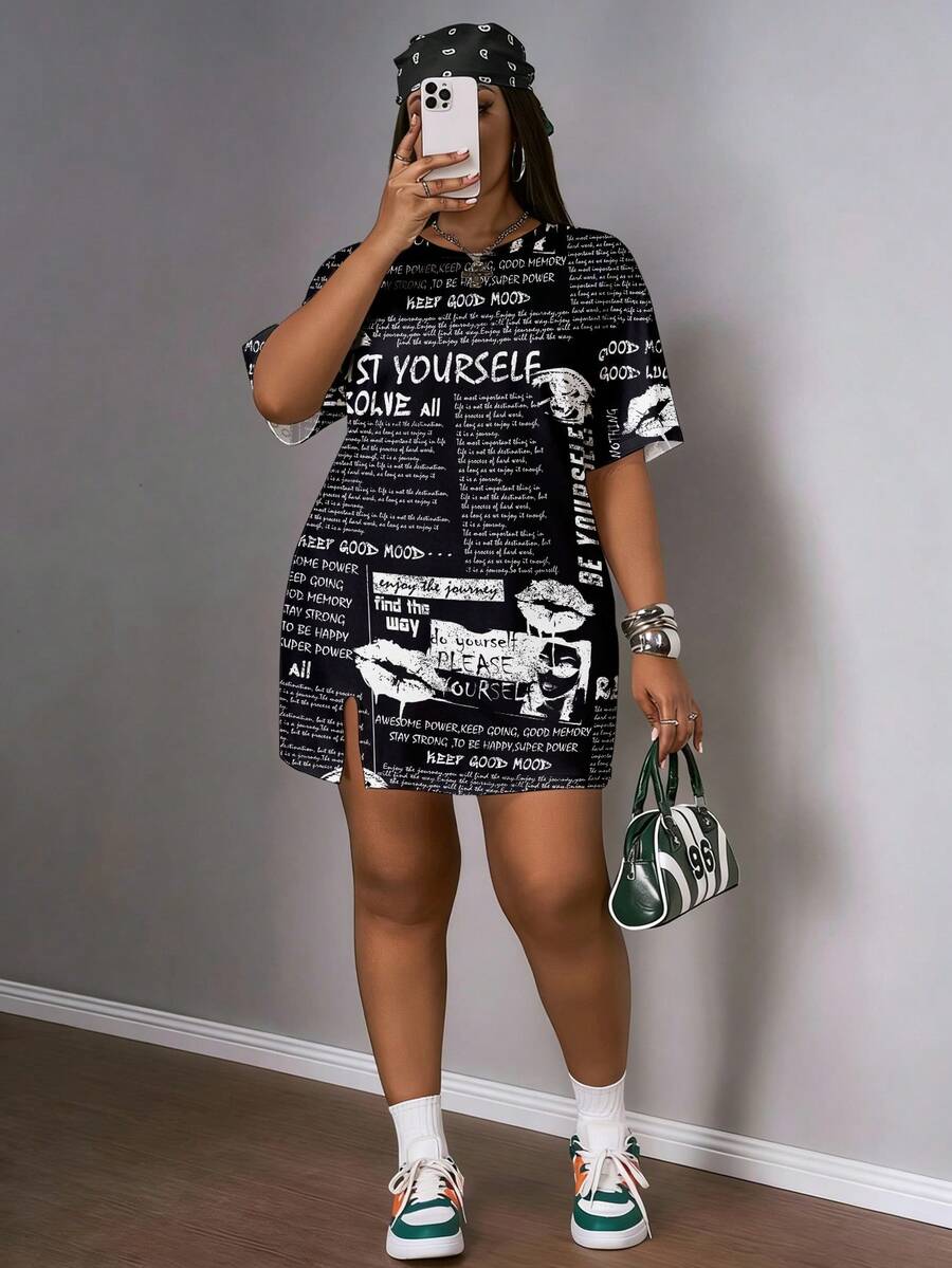 Slaydiva Vintage Poster Print Plus Size Dress, Suitable For Music Festivals - Multicolor - View 1
