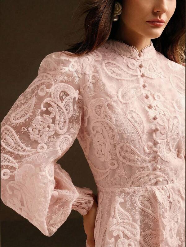 Anewsta Women's Spring Outfit, Valentine's Day Dress, Stand Collar, Lantern Sleeve, Semi-Sheer, Waist Cinched, 3D Floral Embroidery, Elegant White Dress