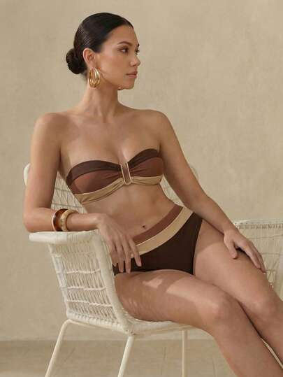 Anewsta Women's Color-Block Bandeau Bra & Swim Bottom Sexy Bikini Set Bathing Suit For Holiday Summer Beach