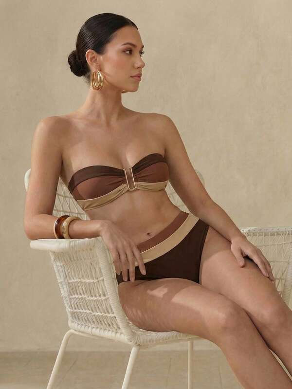 Anewsta Conjunto de bikini sexy para mujer con sujetador de banda de color bloque y Bottom de natación para vacaciones en la playa de verano