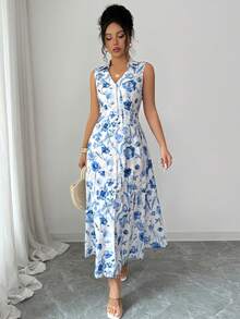 SHEIN Elenzya Đầm dài nữ kiểu retro màu xanh trắng họa tiết sứ, cổ chữ V, không tay, cài cúc đơn, thắt nơ eo, thanh lịch, thích hợp cho kỳ nghỉ, dạo phố, đi biển, đi làm, hẹn hò công sở, mùa xuân hè. - Nhiều màu - Xem 6
