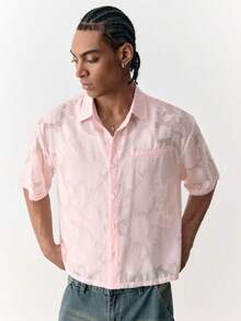 SWAVVY Áo sơ mi nam mùa hè kiểu dáng thường ngày, màu trơn, chất liệu jacquard. - Hồng - Xem 5