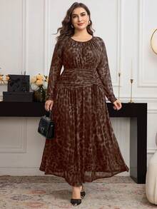 Modelyn Plus Size Women Elegant Long Knitted Leopard Print Ruched Dress - Coffee Brown - View 1