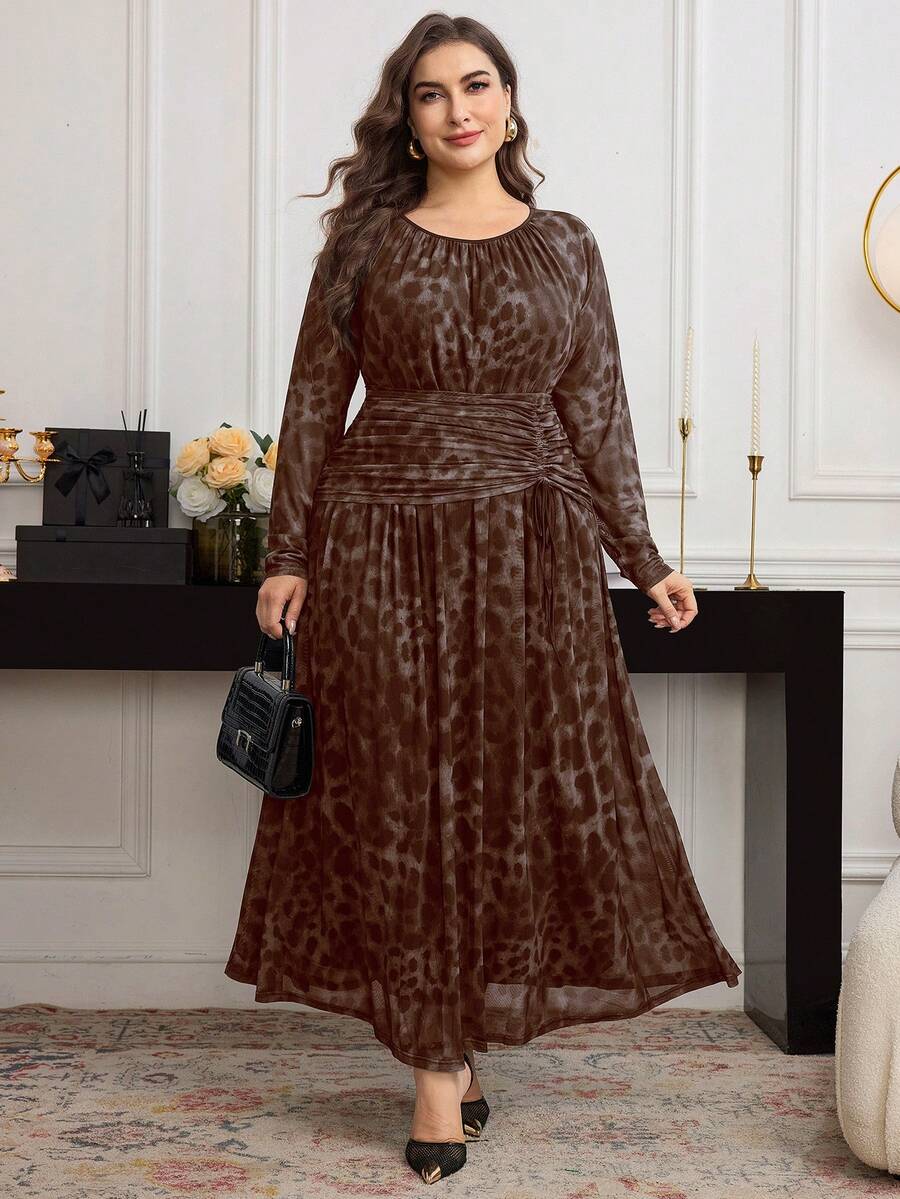 Modelyn Plus Size Women Elegant Long Knitted Leopard Print Ruched Dress - Coffee Brown - View 1