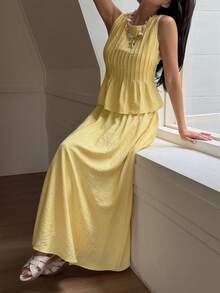 DAZY Bộ 2 món gồm áo không tay và chân váy dài cho nữ, kiểu dáng nghỉ mát, thích hợp cho mùa xuân/hè. - Màu vàng - Xem 9