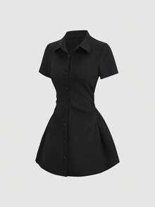 Sweetra Petite Đầm ngắn tay ôm dáng, màu trơn, đa năng, kiểu dáng xếp ly, thích hợp cho mùa hè. - màu đen - Xem 5
