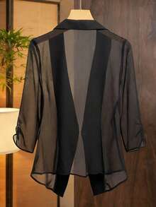 Franclia Áo blazer nữ mỏng, tay lửng 3/4, cổ ve lật, dáng rộng, không cài cúc phía trước. - màu đen - Xem 2