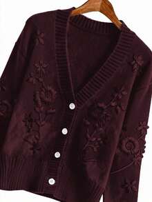 GlowEve CURVE Áo khoác cardigan cổ chữ V dáng rộng thêu họa tiết Pháp thanh lịch dành cho phụ nữ ngoại cỡ, tay dài, phù hợp cho mùa thu/đông - Màu Đỏ Sâu - Xem 7