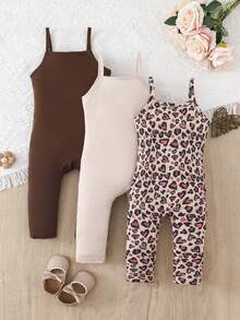 姐妹装和妈妈装女婴休闲百搭日常穿搭套装，修身罗纹吊带背心和打底裤，黑色+浅灰色+豹纹印花 - 彩色 - 查看 5