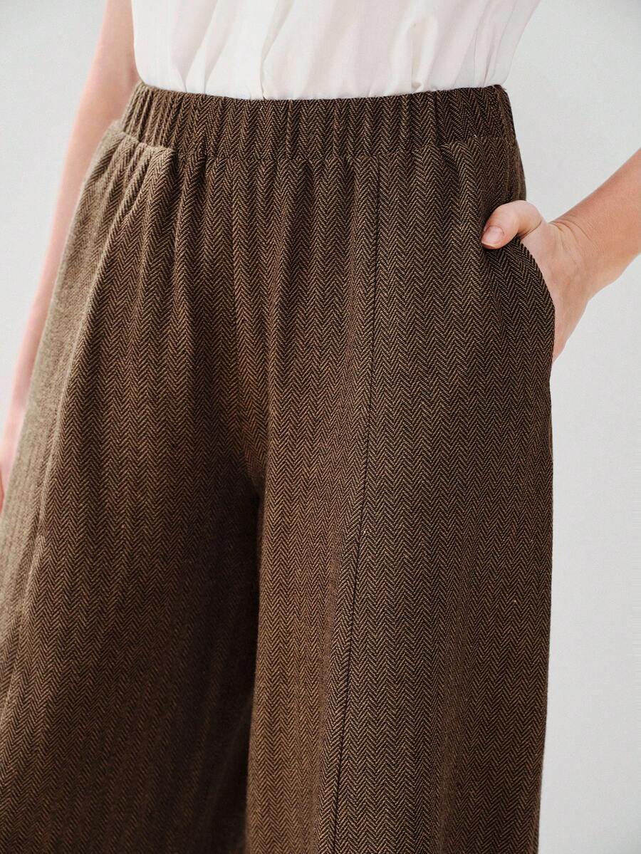 Aveloria Modichic 新款欧美风春夏时尚百搭人字纹面料宽松优雅休闲直筒裤 - 咖啡棕 - 查看 1