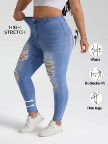 SHEIN PETITE CURVE Quần jeans nữ cỡ lớn PETITE CURVE mùa hè 2026, kiểu dáng thường ngày, thoải mái, chất liệu co giãn tốt, màu xanh rách nhẹ, ôm sát, gợi cảm. - Màu xanh lam - Xem 1