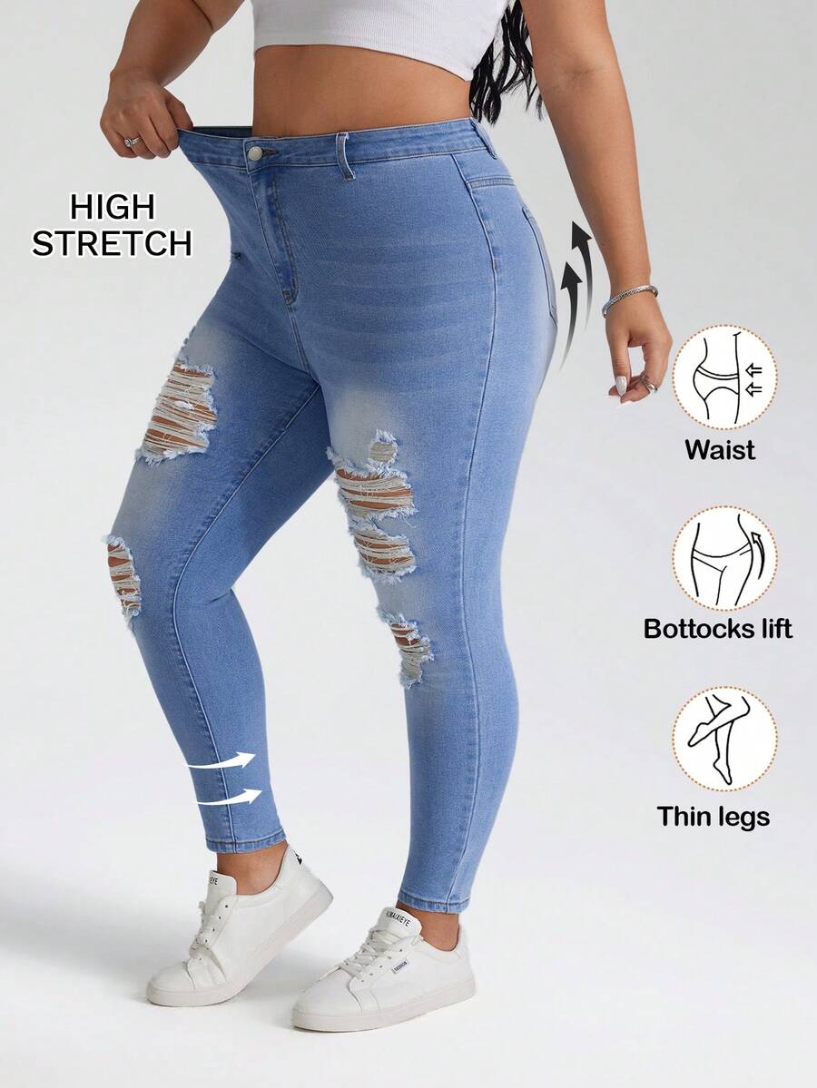SHEIN PETITE CURVE Quần jeans nữ cỡ lớn PETITE CURVE mùa hè 2026, kiểu dáng thường ngày, thoải mái, chất liệu co giãn tốt, màu xanh rách nhẹ, ôm sát, gợi cảm. - Màu xanh lam - Xem 1