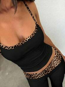 SHEIN EZwear 夏季新款撞色复古豹纹图案撞色吊带背心和裤子套装 - 彩色 - 查看 4