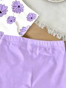 2 pièces/Set Ensemble T-shirt et short décontracté et polyvalent pour fillettes, avec T-shirt à imprimé floral violet mignon et short violet décontracté, idéal pour les sorties printanières et estivales - Multicolore - Voir 6