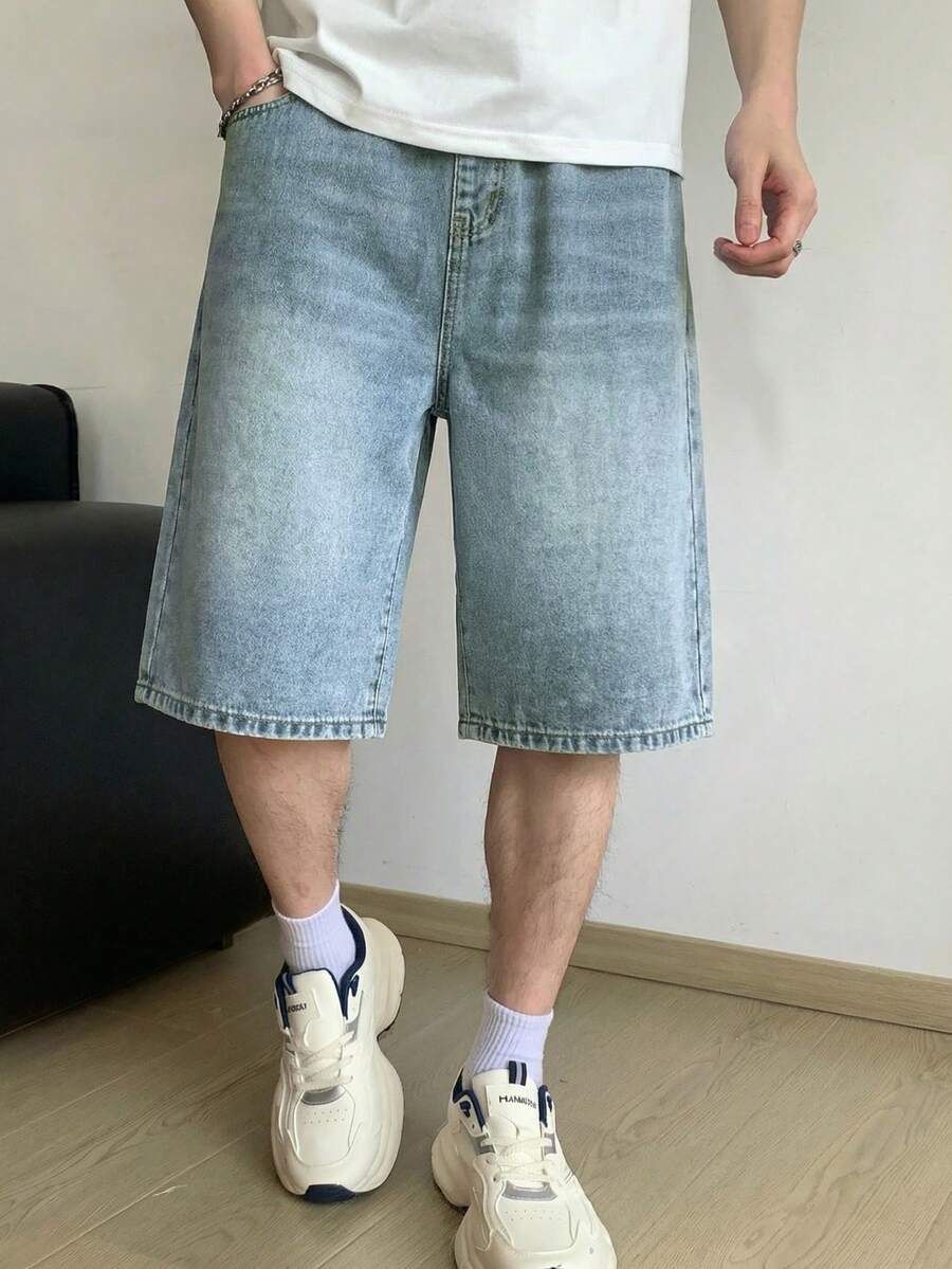 SHEIN 青少年男孩时尚返校节街头服饰混搭百搭设计 Y2K 复古酷炫街头老钱返校节街头服饰混搭百搭设计棉质弹力腰带口袋返校节街头服饰混搭百搭设计牛仔短裤,日常夏季春季锐舞节和海滩穿着 - 藍色 - 查看 1