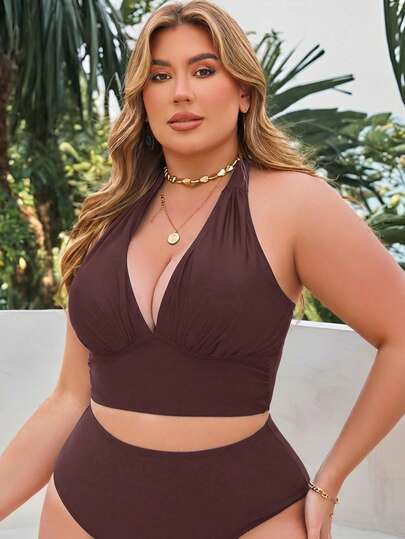 Swim Lushoire New Arrival Elegant & Versatile Plus Size Women's Swimsuit Top, Brown Swimwear Top, Casual & Comfortable Swimsuit Top, Adjustable All-Match Plus Size Swimwear Top For Holiday