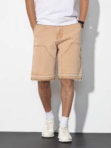 Chillumni 男士夏季新款卡其色时尚工装流苏牛仔短裤，水洗休闲牛仔短裤 - 卡其色 - 查看 7