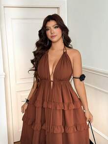 Vionelle Plus Size Summer Vacation Solid Color Ruffle Hem Halter Dress - Coffee Brown - View 6
