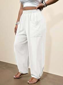 Freevana Plus Size Women Elastic Waist Pocket Casual Everyday Wear Pants - White - View 1
