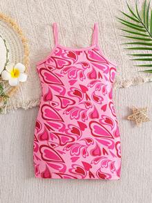 SHEIN 女宝宝夏季可爱度假粉色爱心吊带修身连衣裙 - 粉色 - 查看 4